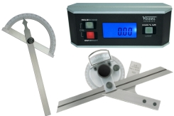 Winkelmesser (Gradmesser, Schrägmaß) mit Feststellschraube, Modelle mit verschiebbarer Messschiene, hydraulische Winkelmesser einsetzbar als Neigungsmessgerät, Kombinationswinkel für verschiedene Mess- und Anreißanwendungen, mit Wasserwaage, Richtwaage, und Zentrierwinkel gehärtet sowie Winkelprüfgeräte