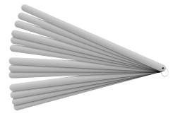 Fühlerlehren mit einer Dicke von 0,05 mm bis 2,0 mm. Fühlerlehrensätze mit unterschiedlicher Anzahl Fühlerlehren, zylindrischer Blattform. Ausführung gehärteter Federbandstahl in den Längen 150 mm, 200mm, 300mm, 500mm und 1000mm oder in der Ausführung rostfreier Stahl in den Längen 150mm, 200mm und 300mm. Fühlerlehren mit einer Dicke von 0,05 mm bis 2,0 mm. Fühlerlehrensätze mit unterschiedlicher Anzahl Fühlerlehren, zylindrischer Blattform. Ausführung gehärteter Federbandstahl in den Längen 150 mm, 200mm, 300mm, 500mm und 1000mm oder in der Ausführung rostfreier Stahl in den Längen 150mm, 200mm und 300mm.